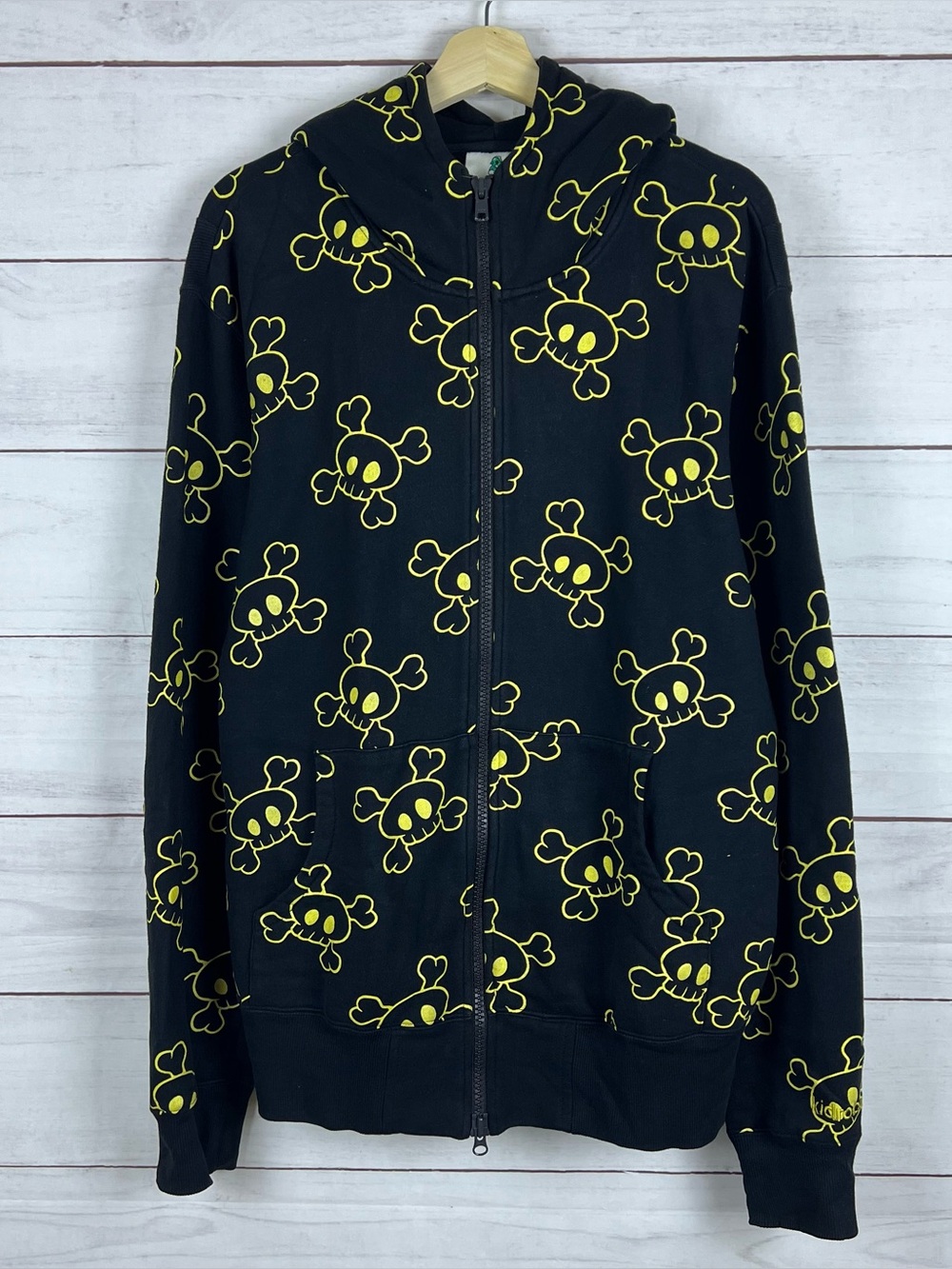 Very Rare Kid Robot Full Zip Black hoodie with skulls & bones Size XL Mens Y2K